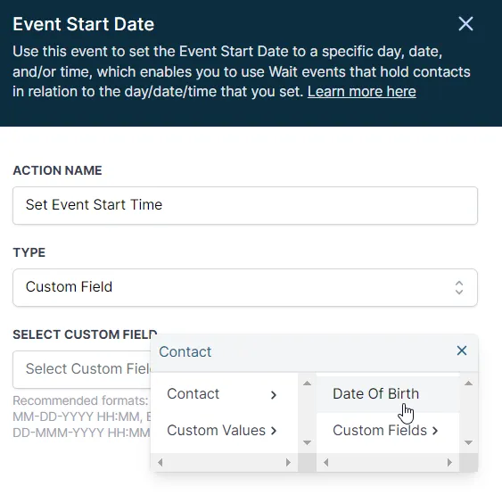 Selezione di un Campo Data personalizzato per l'azione Imposta Data di Inizio Evento