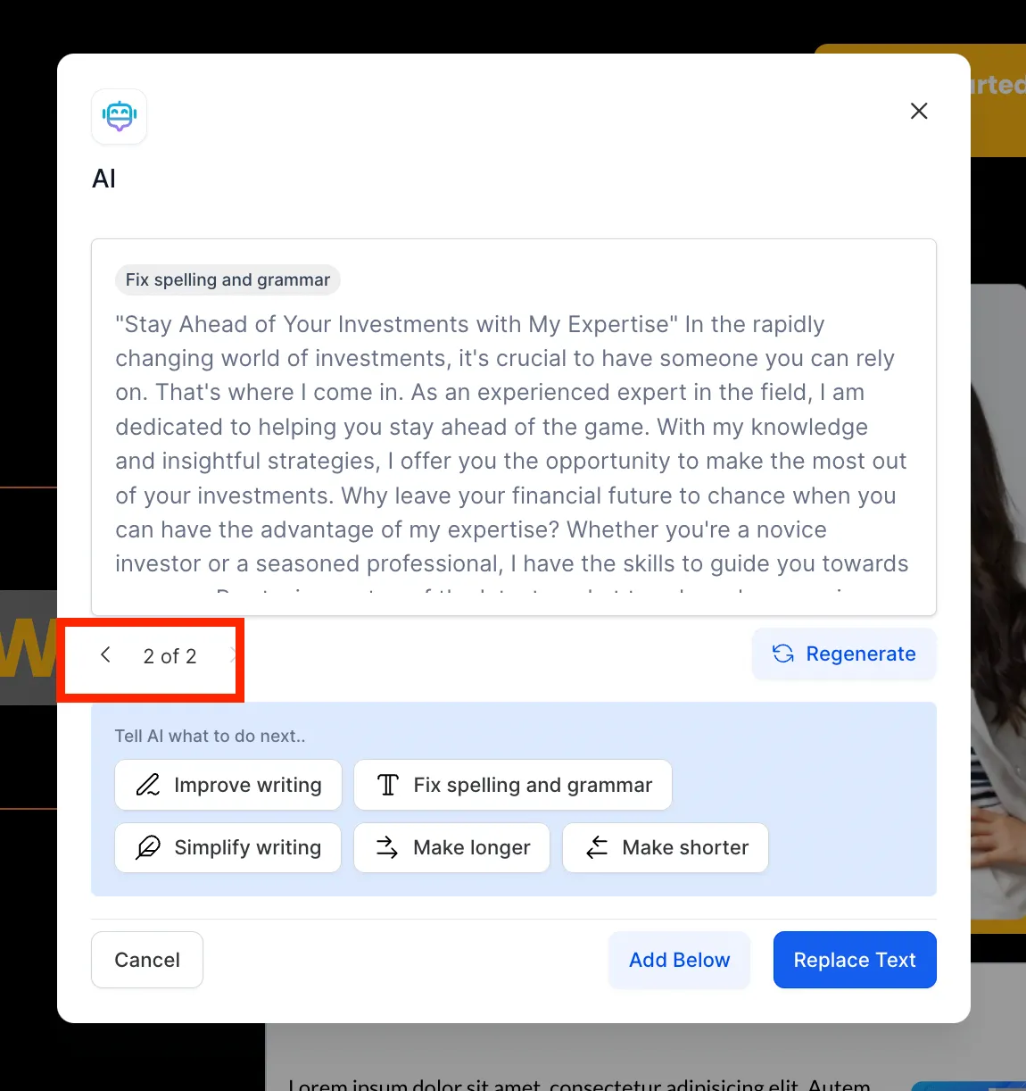 Anteprima risultato generato da Content AI