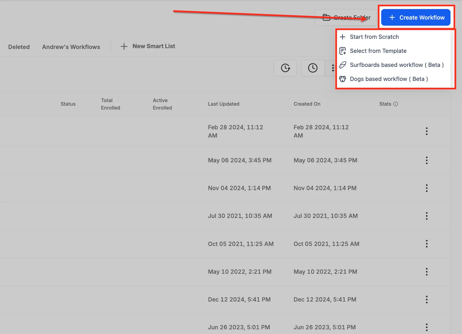 Pulsante Crea Workflow nella lista dei Workflow