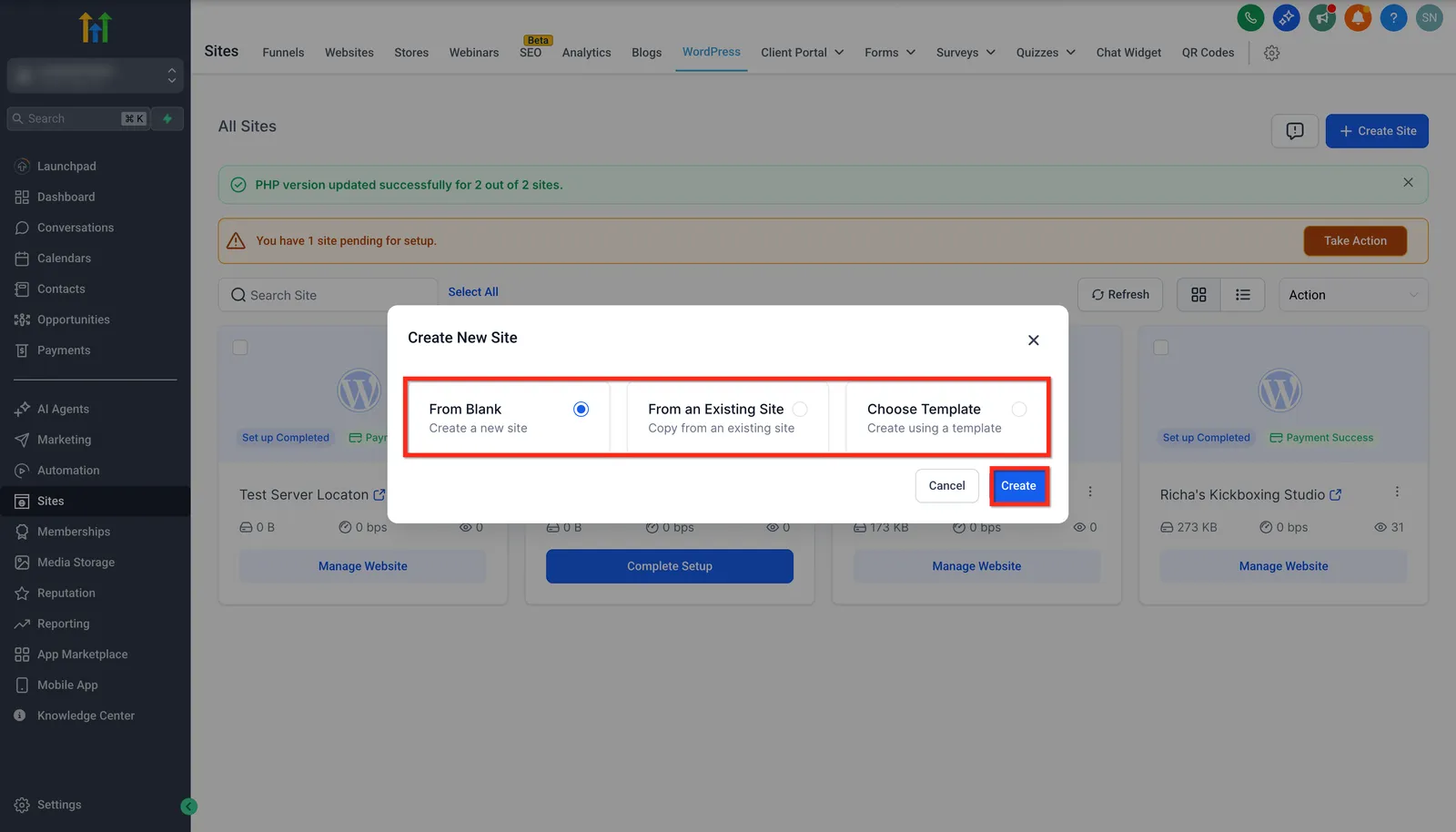 Schermata di scelta del metodo di configurazione WordPress