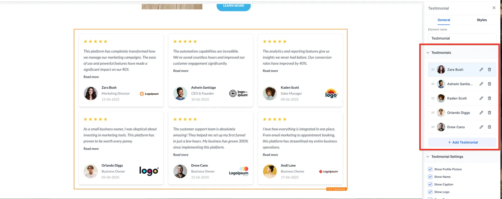 Pannello di configurazione testimonianze con opzioni aggiungi, riordina, modifica ed elimina