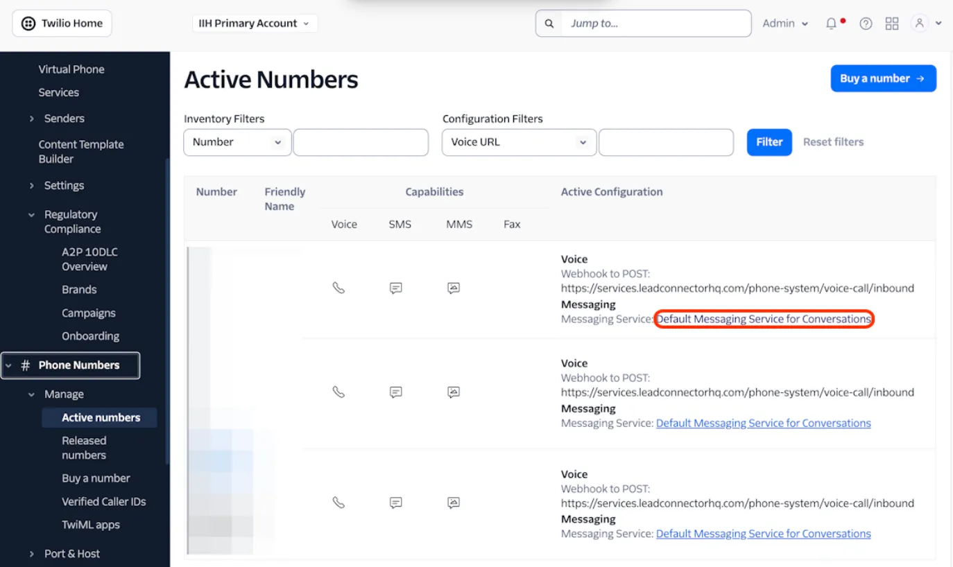 Schermata link al Messaging Service su Twilio
