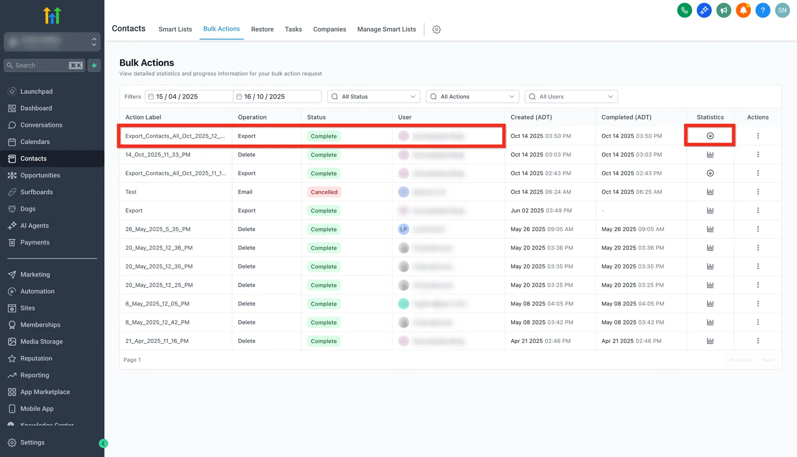 Pagina Azioni in blocco con file pronto al download