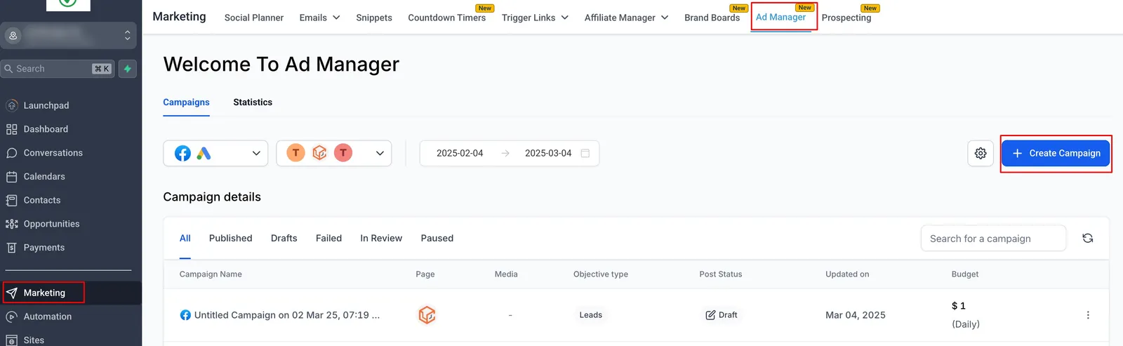 Schermata di creazione campagna in Ad Manager