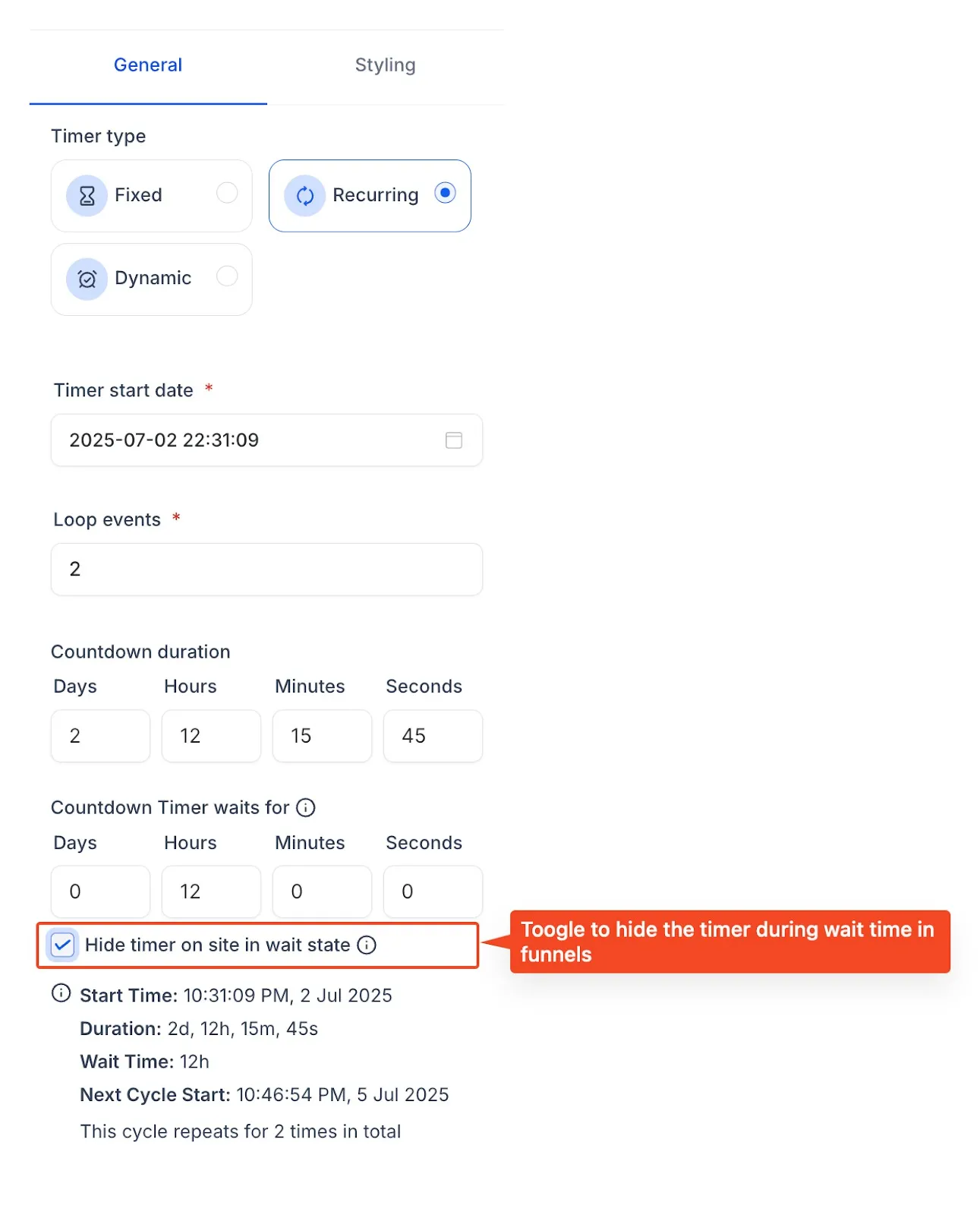 Schermata configurazione timer ricorrente con tempo di attesa