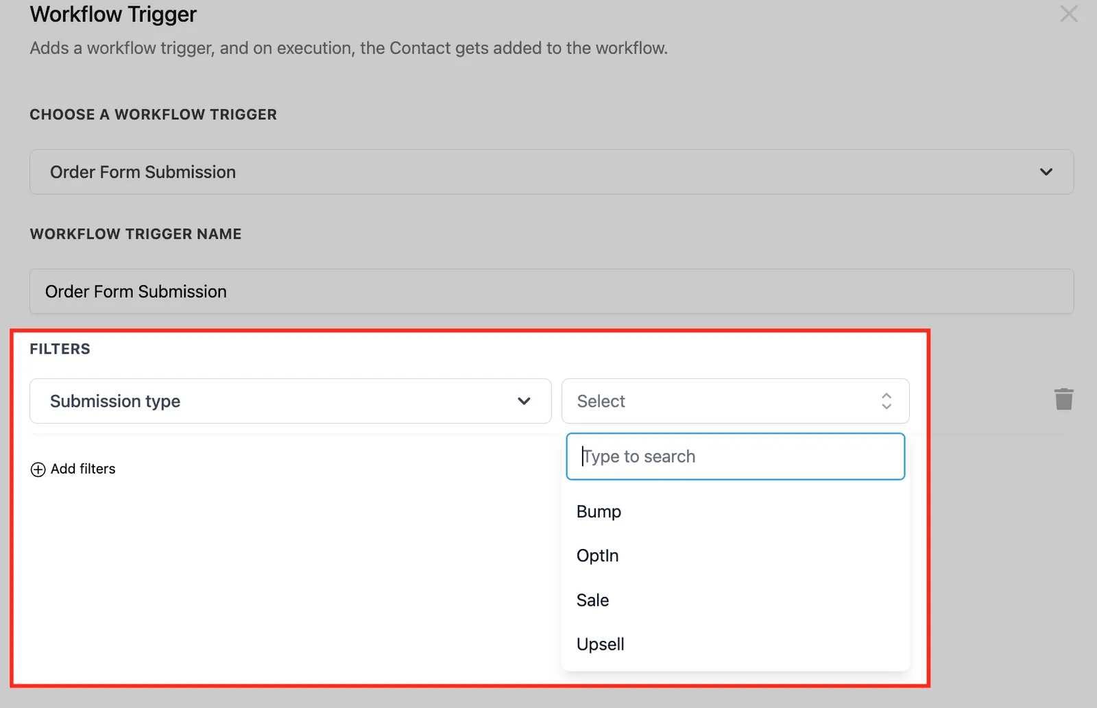 Filtro Tipo di Invio con opzioni Bump, Opt-In, Vendita, Upsell