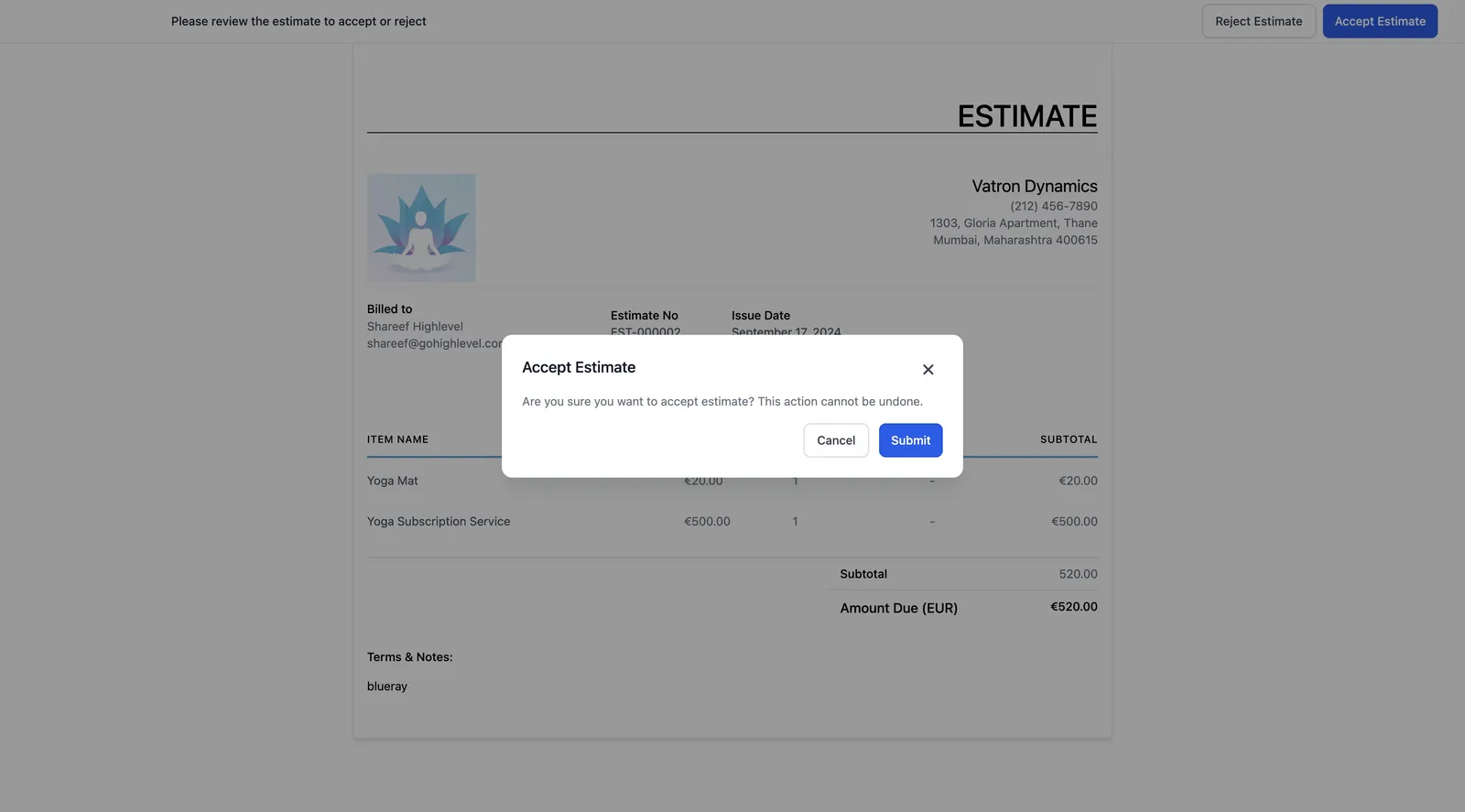 Screenshot dell'accettazione di un preventivo