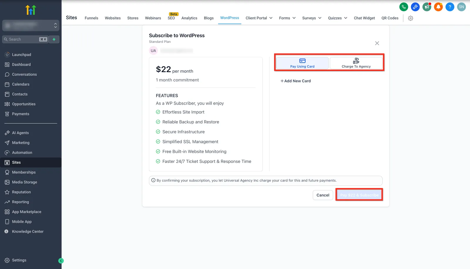 Schermata di abbonamento al piano WordPress
