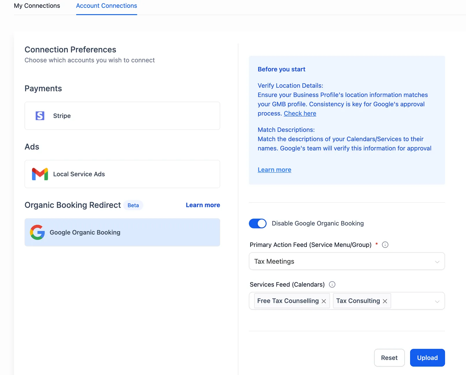 Schermata per disabilitare la Prenotazione Organica Google nelle impostazioni del Calendario