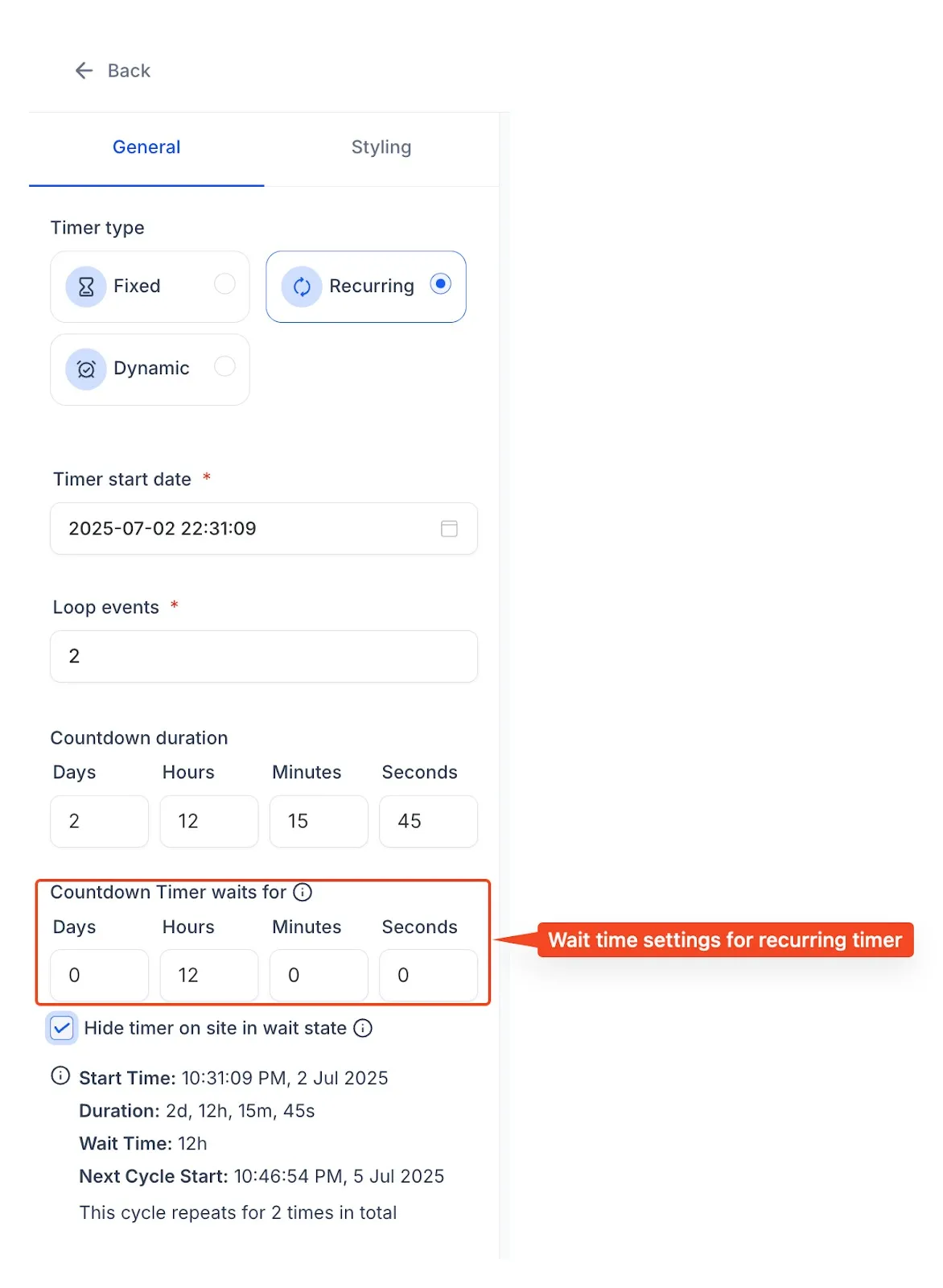 Schermata del timer ricorrente con tempo di attesa personalizzato