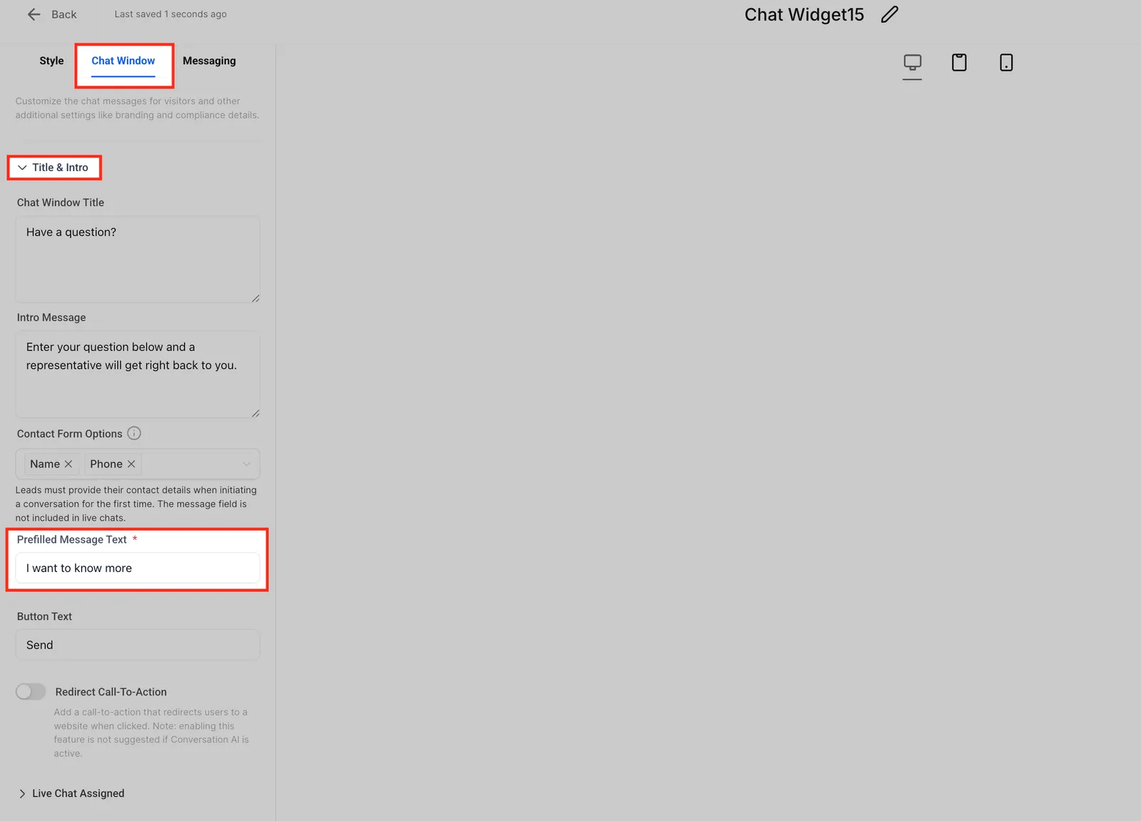 Configurazione Chat Window con messaggio precompilato in Squadd