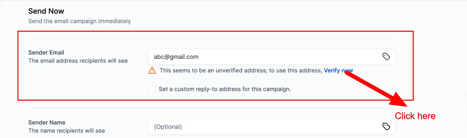 Campo email mittente con il pulsante Verifica ora