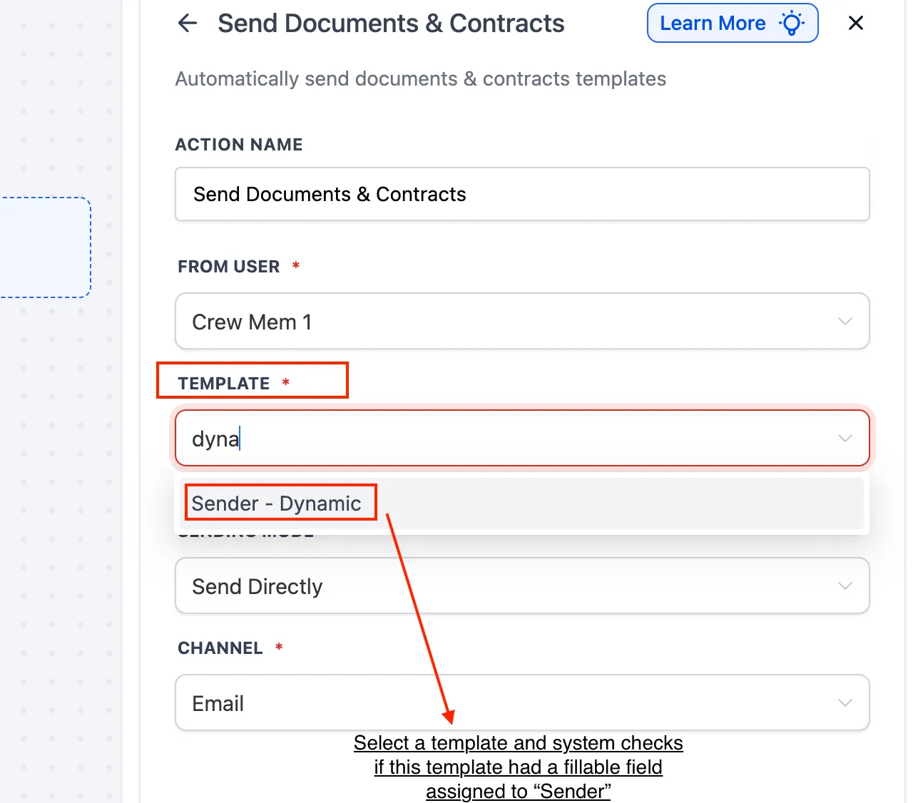 Selezione template con campi mittente nel Workflow