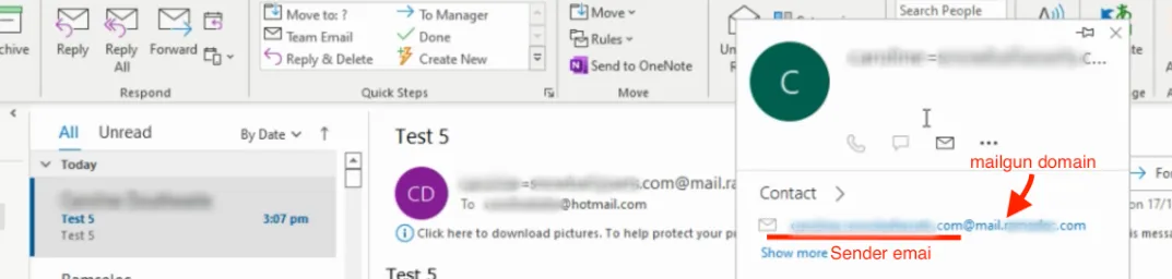 Visualizzazione Outlook con 'inviato da' su un mittente
