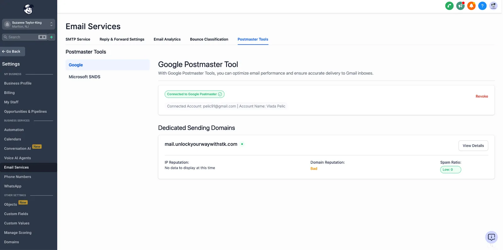 Navigazione a Google Postmaster Tool nelle impostazioni del servizio email