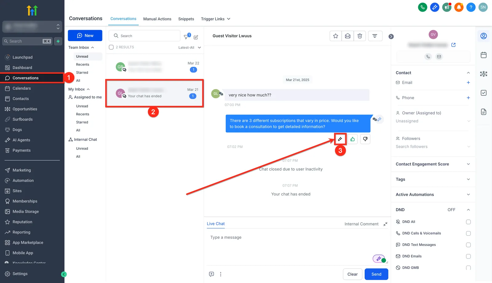 Pulsante Informazioni risposta AI nella conversazione