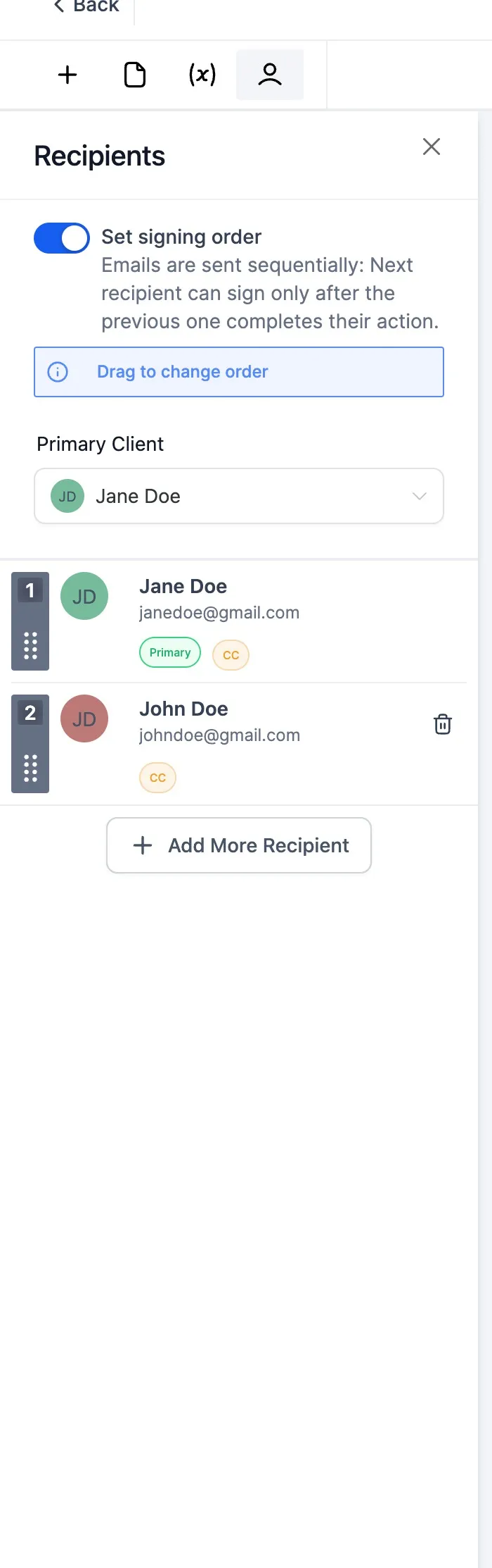 Screenshot del riordinamento firmatari con drag and drop