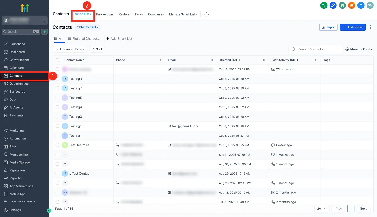 Pagina Contatti con Smart Lists