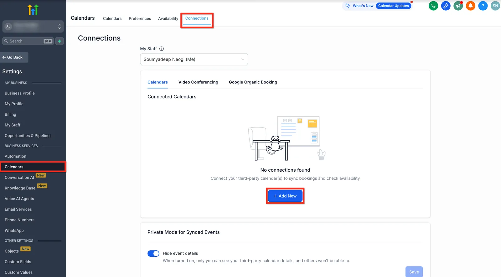 Scheda Connessioni - Aggiungi nuovo calendario