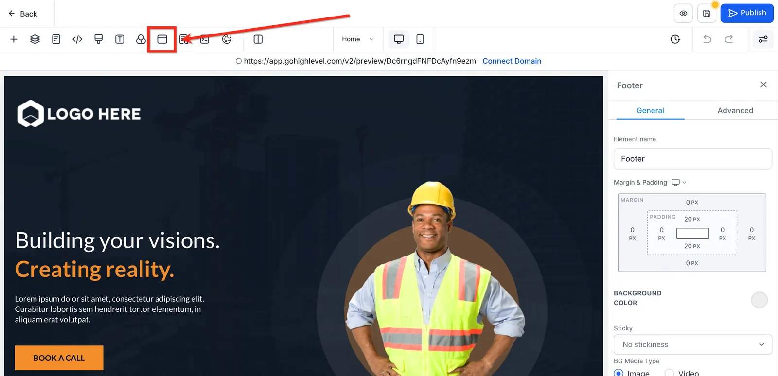 Schermata del builder con le impostazioni del pop-up