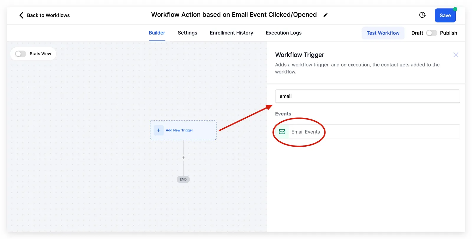 Cerca email nel selettore di trigger del Workflow