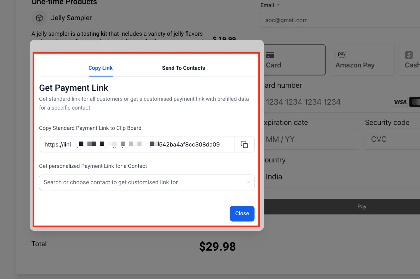 Opzioni copia o personalizza link di pagamento