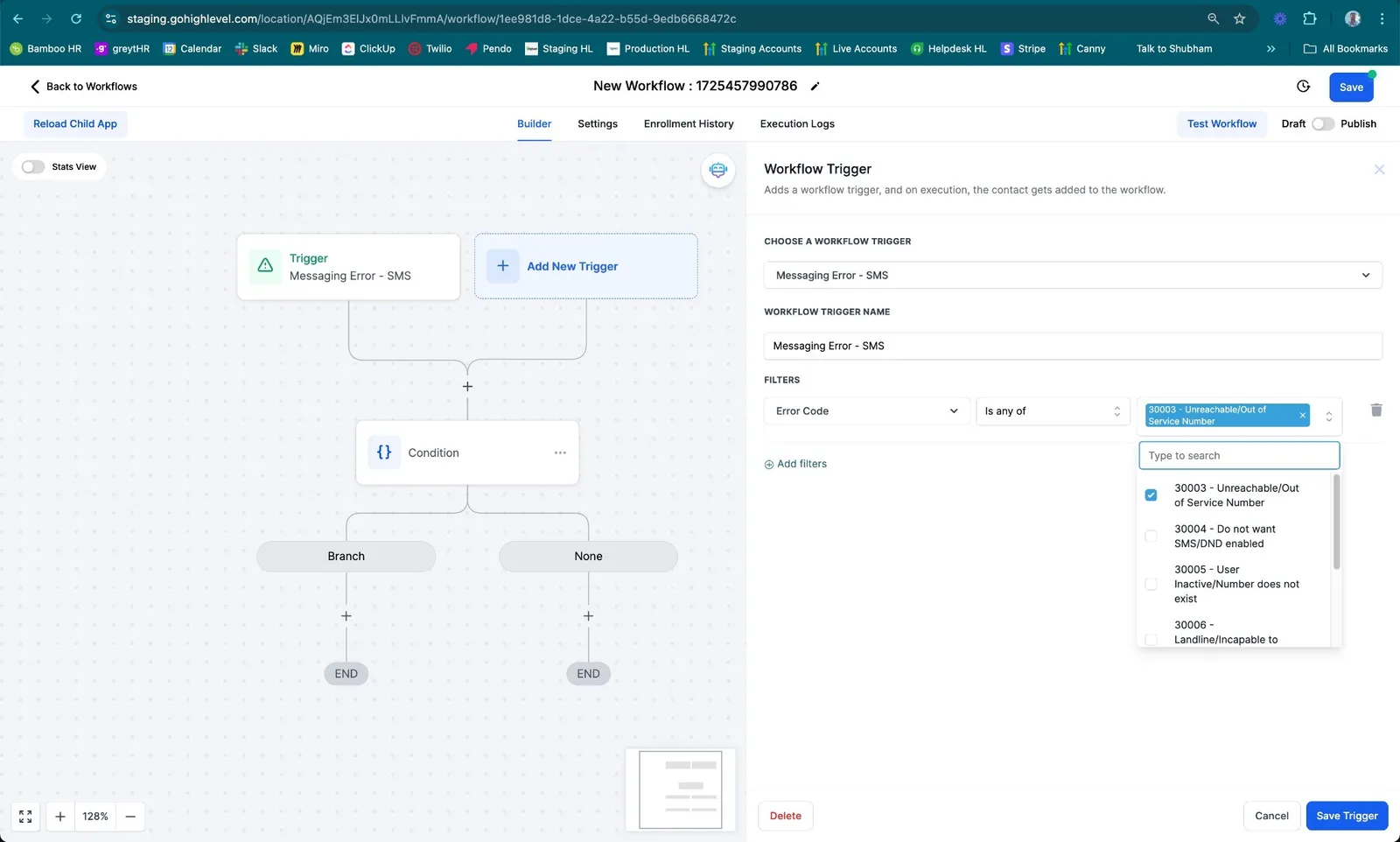 Esempio di configurazione del trigger Messaging Error SMS con filtro codice errore 30007