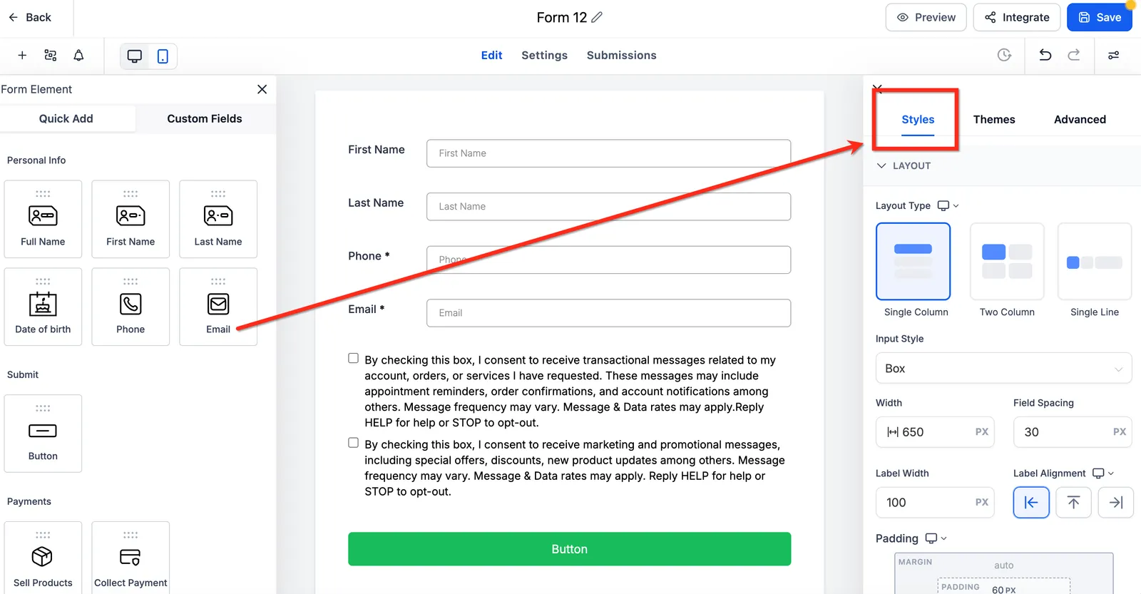 Scheda Stili nel costruttore di form e survey