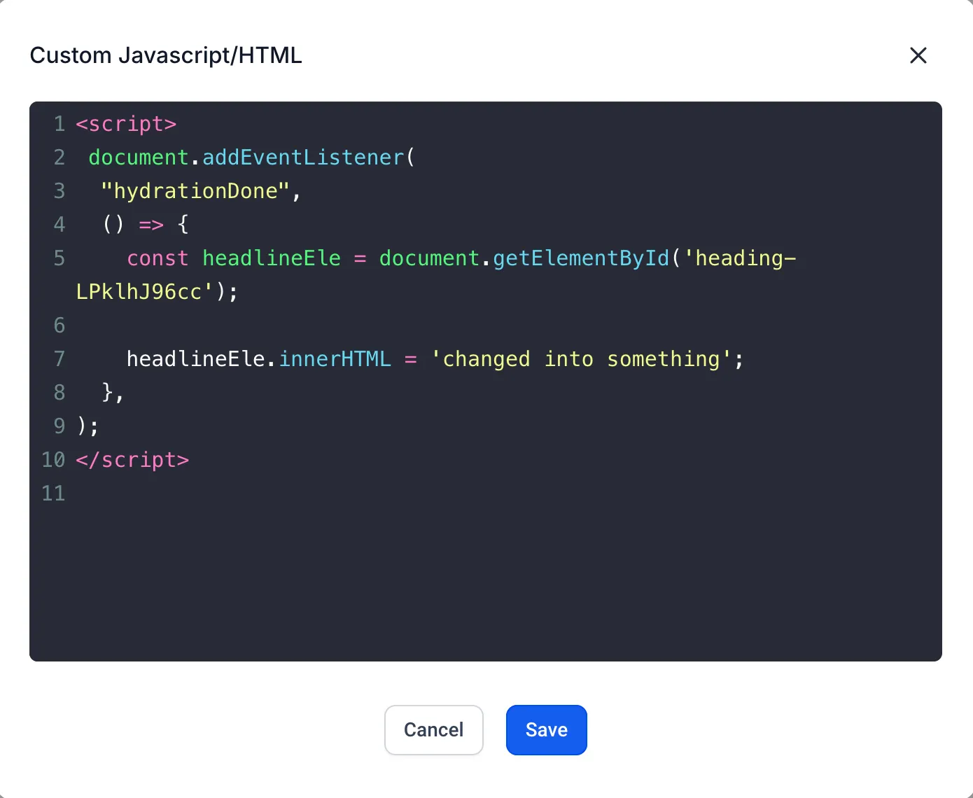 Esempio di codice JavaScript/HTML personalizzato con evento hydrationDone