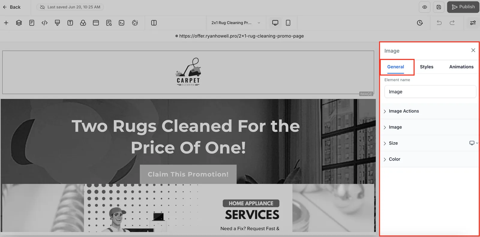 Schermata del tab Generale nella sidebar del Builder di Funnel e Siti Web