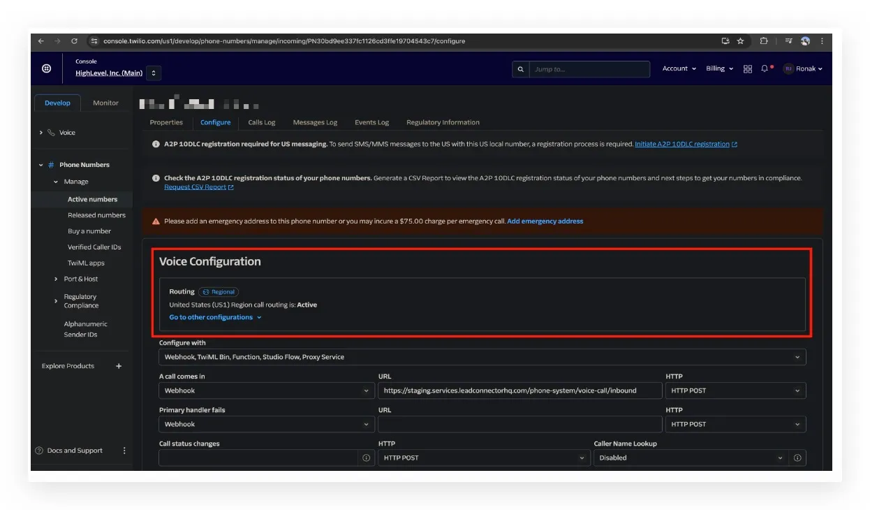 Schermata impostazione regione di instradamento US1 su Twilio
