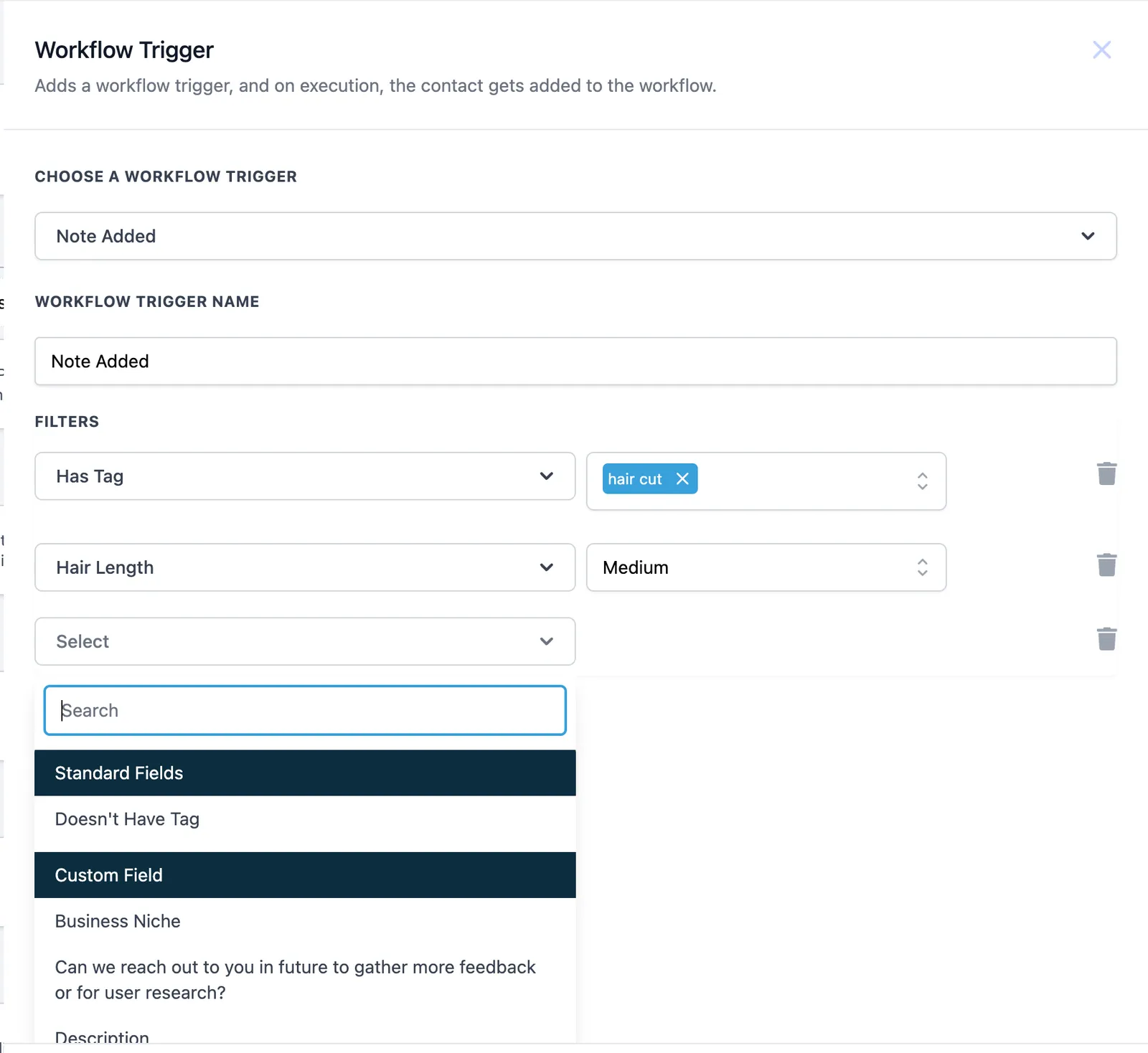 Configurazione del trigger Nota Aggiunta in un Workflow