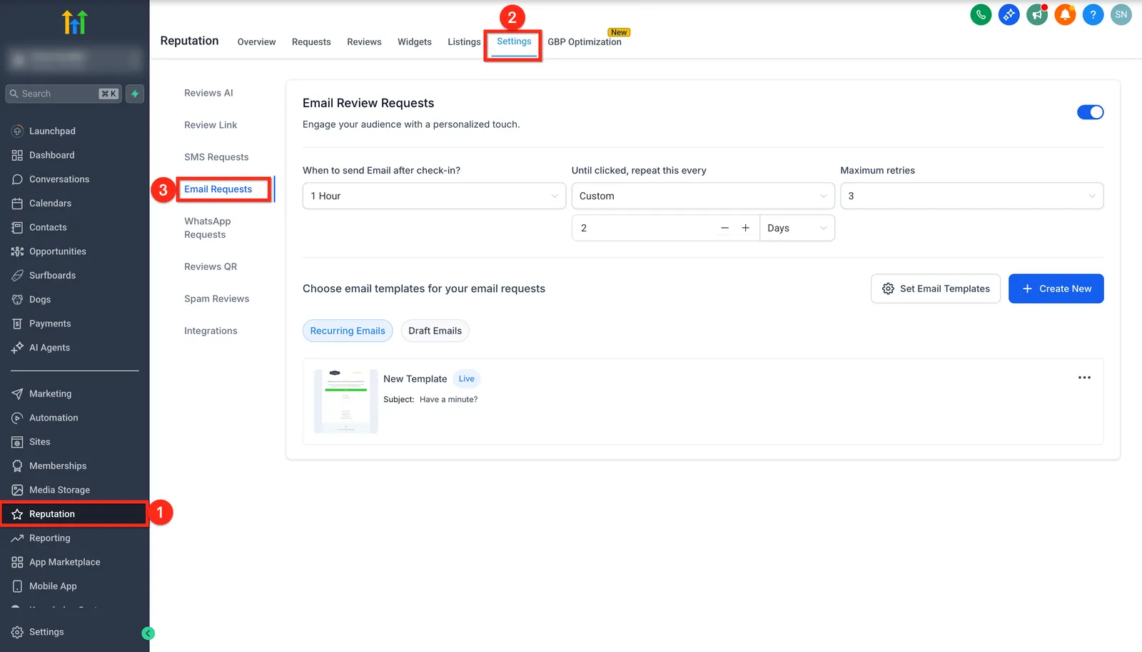 Schermata Reputation Settings Email Requests