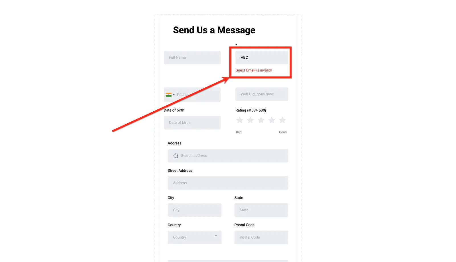 Screenshot messaggi di errore inline