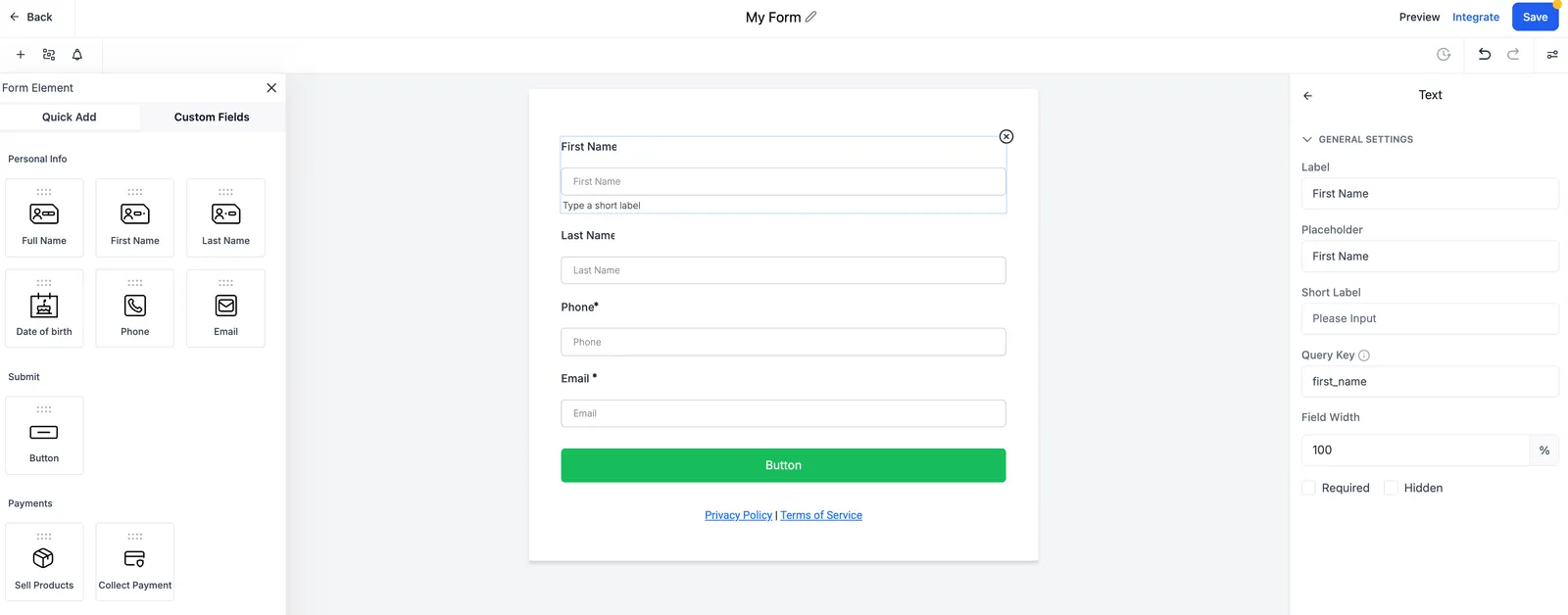Anteprima dell'Editor Inline nel form builder