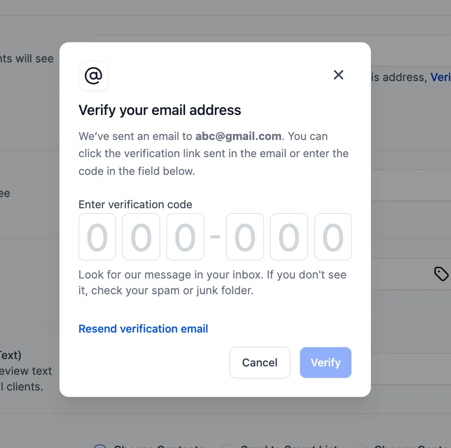 Schermata di inserimento OTP per la verifica email