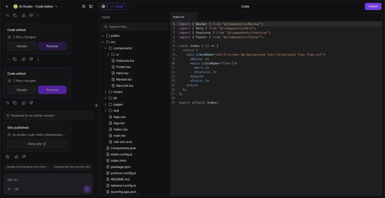 Editor di codice in AI Studio
