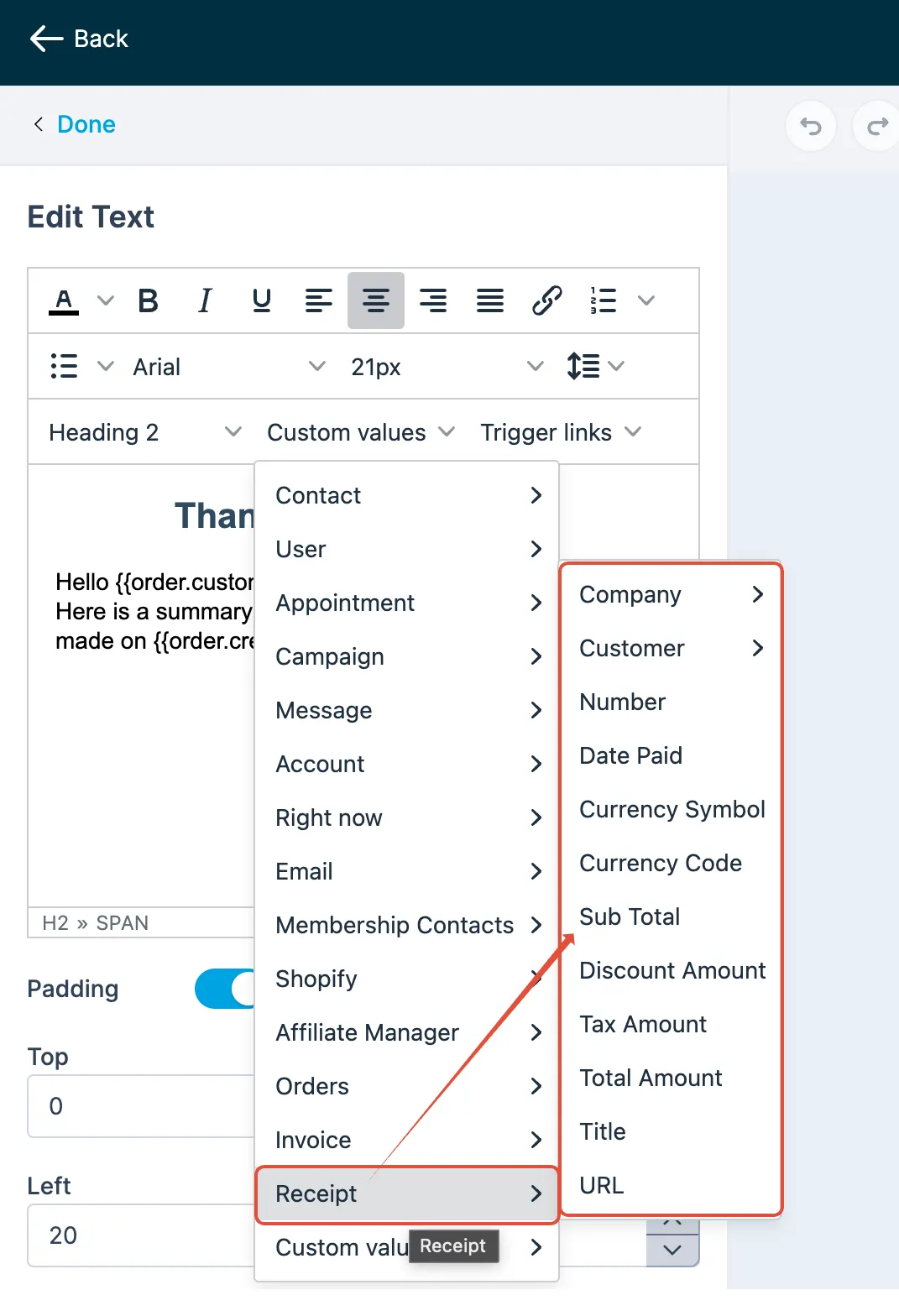 Esempio di template email personalizzato per ricevute di vendita