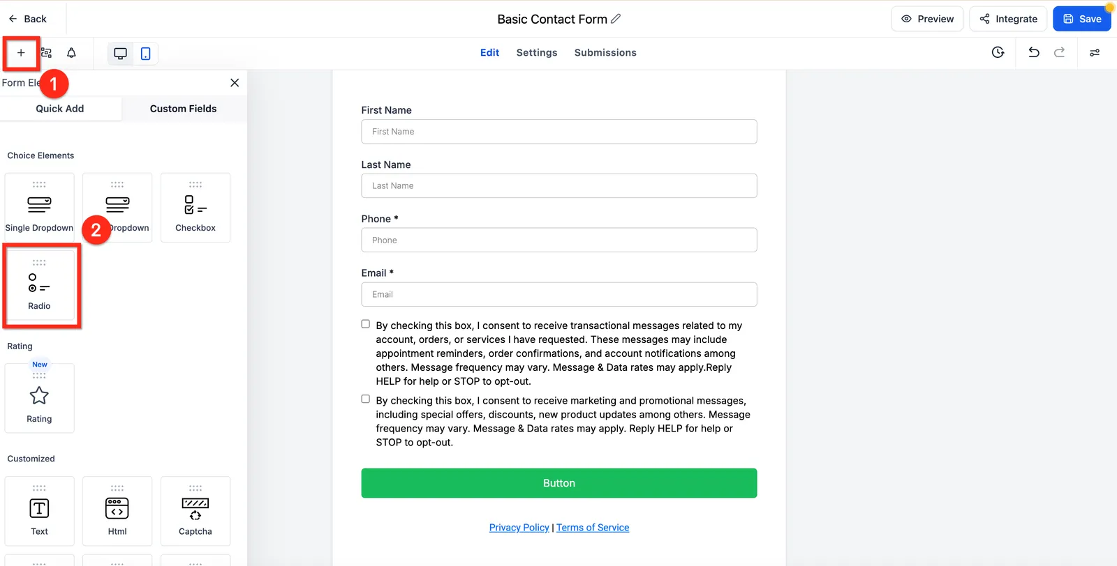 Aggiunta dell'elemento Radio nel form builder