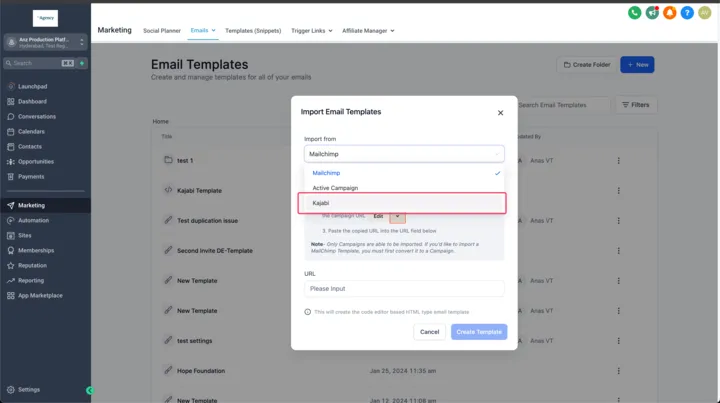 Selezione di Kajabi dal menu a tendina