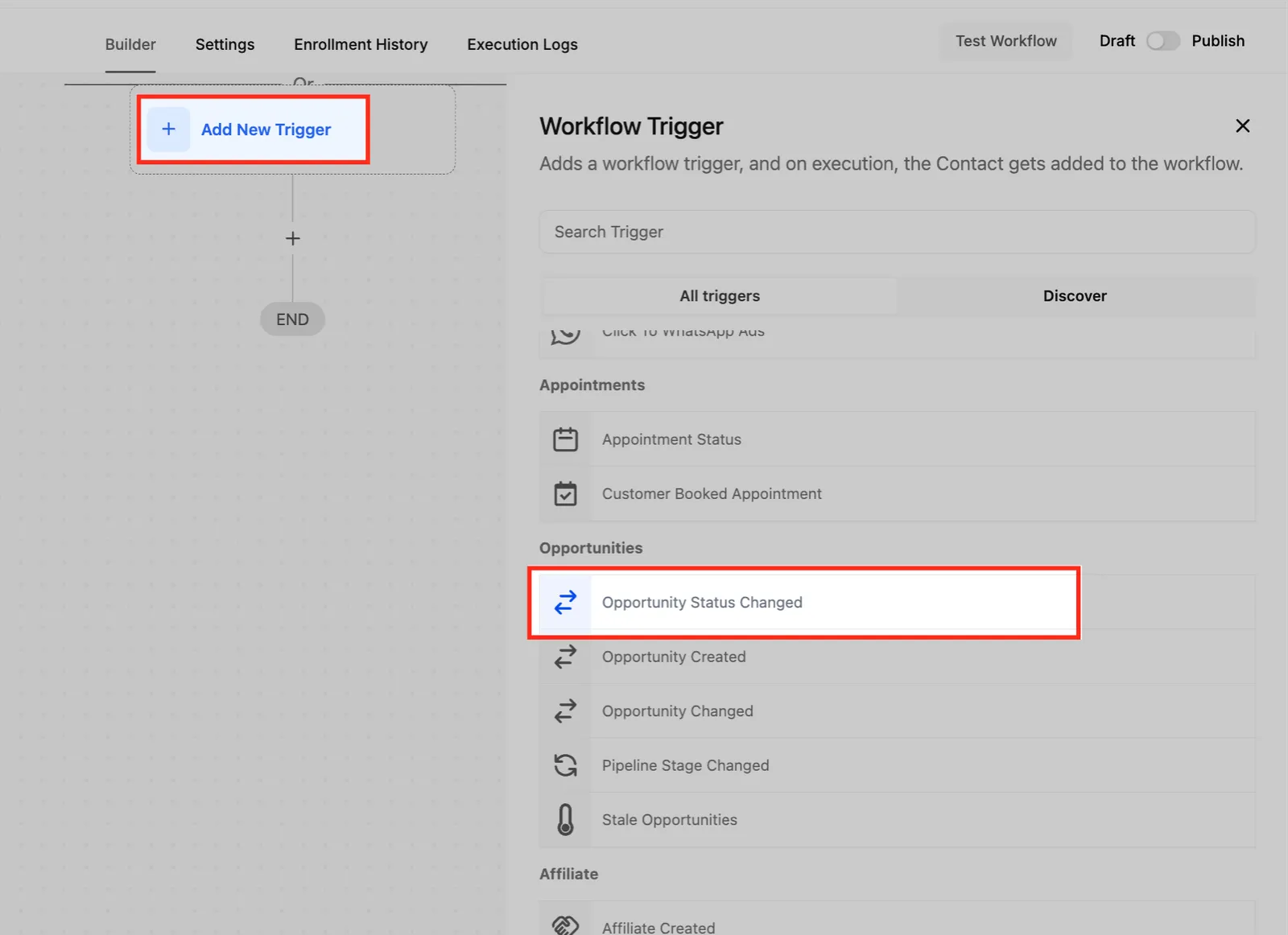 Selezione del Trigger nel Workflow Builder