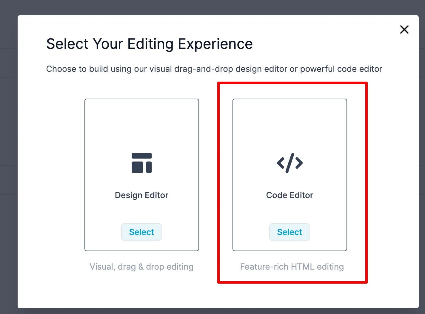 Finestra popup con scelta tra Design Editor e Code Editor per le campagne