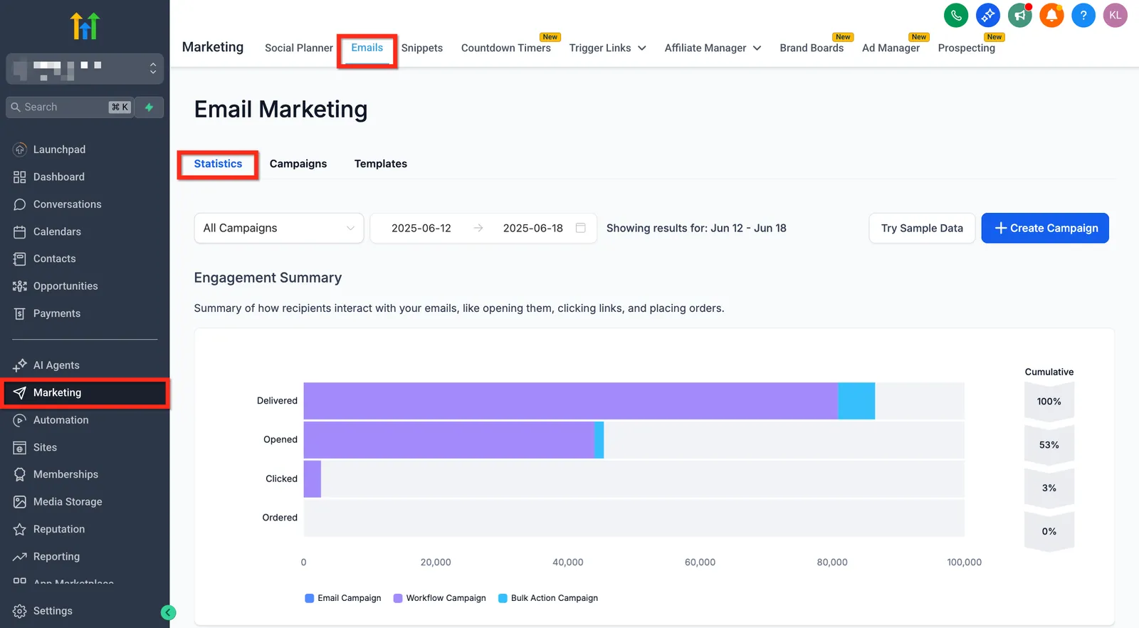 Schermata del percorso Marketing > Email > Statistics