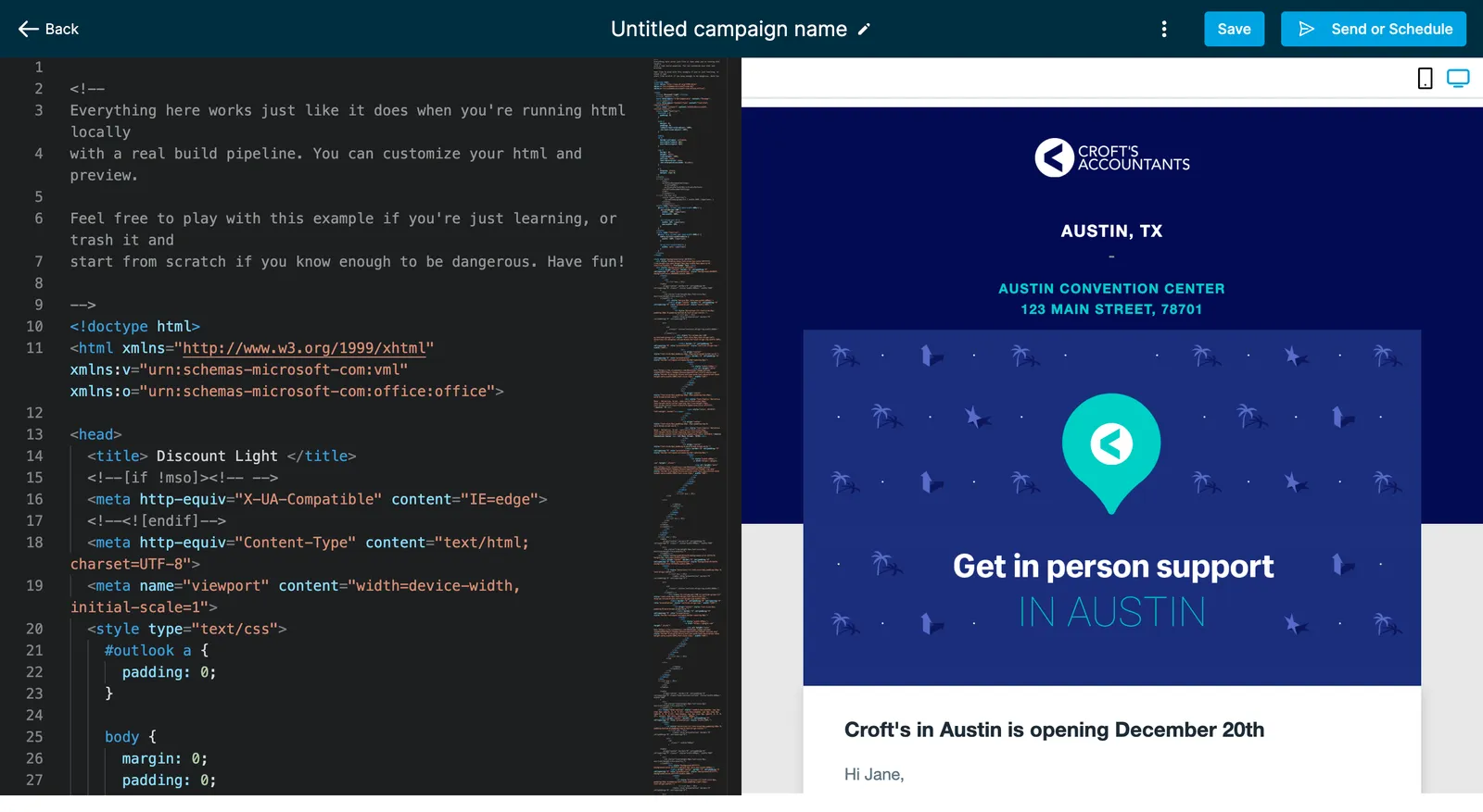 Code Editor con anteprima della campagna HTML