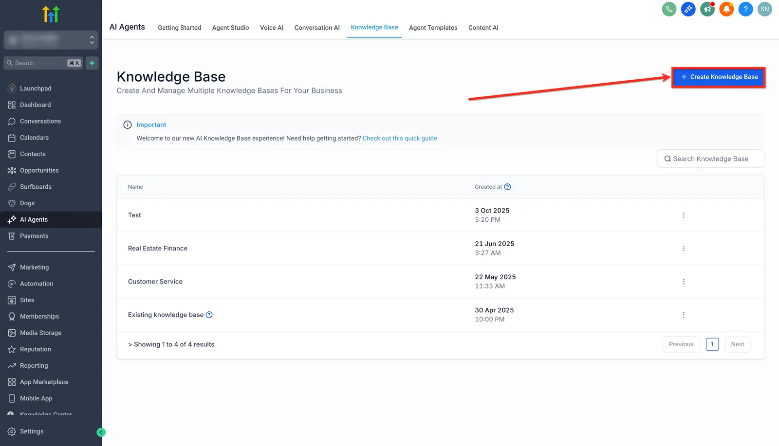 Pulsante + Crea Knowledge Base