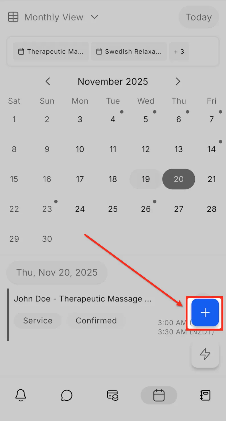 Schermata apertura modulo calendario nell'app mobile