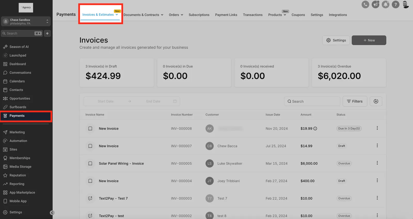 Sezione Fatture nella dashboard di Squadd