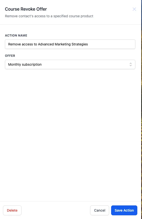Schermata configurazione azione Revoca Offerta Corso