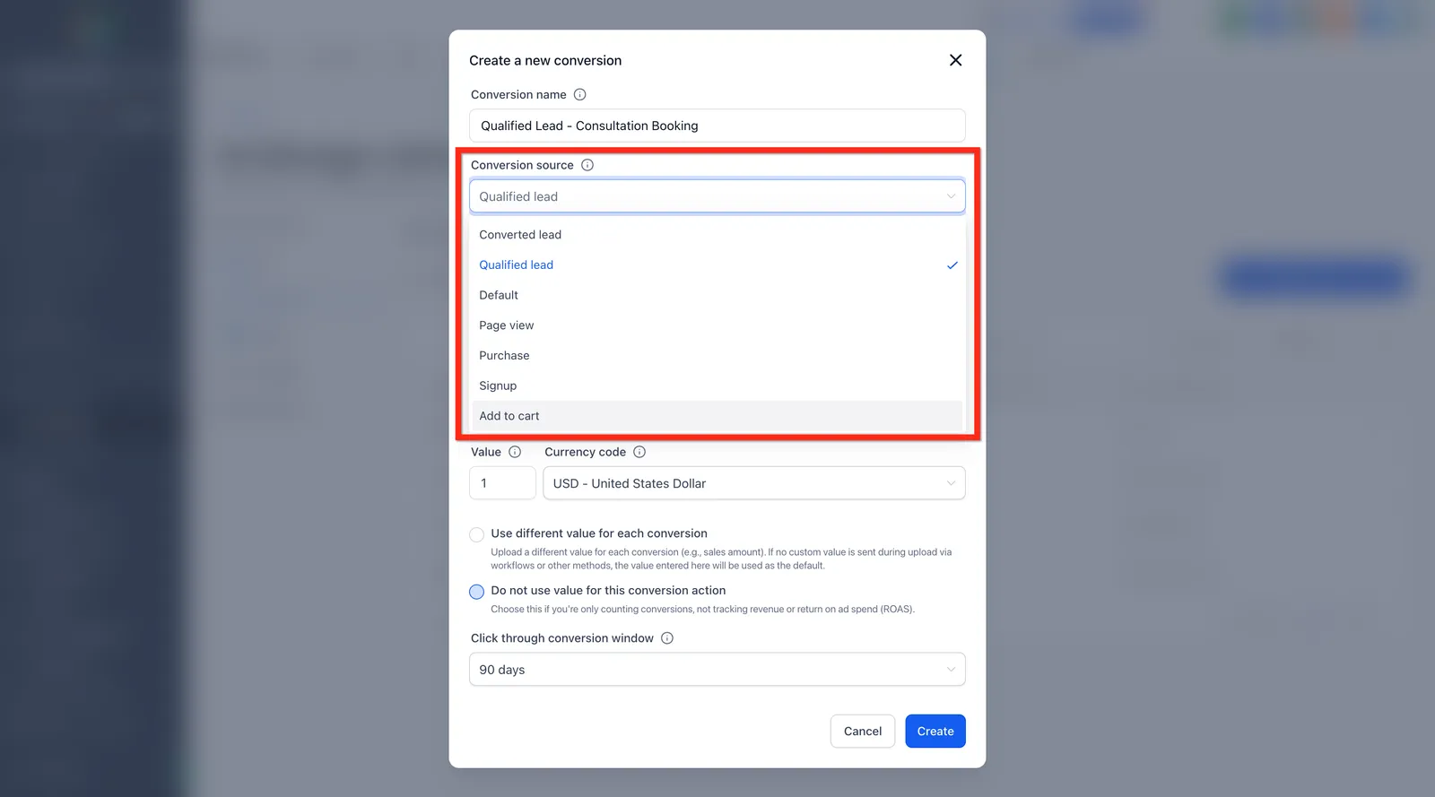 Menu a tendina sorgente di conversione