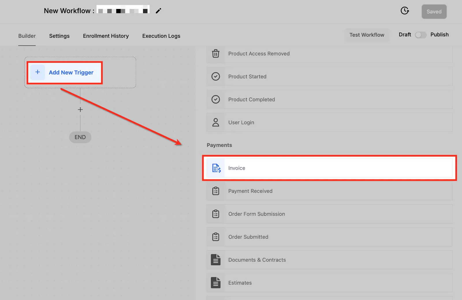 Selezione del trigger Invoice nel Workflow